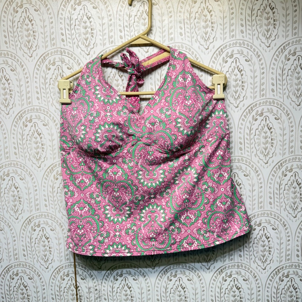 Lands End Tankini Top Womens 18‎ Pink Green Paisley Floral Halter Swimwear